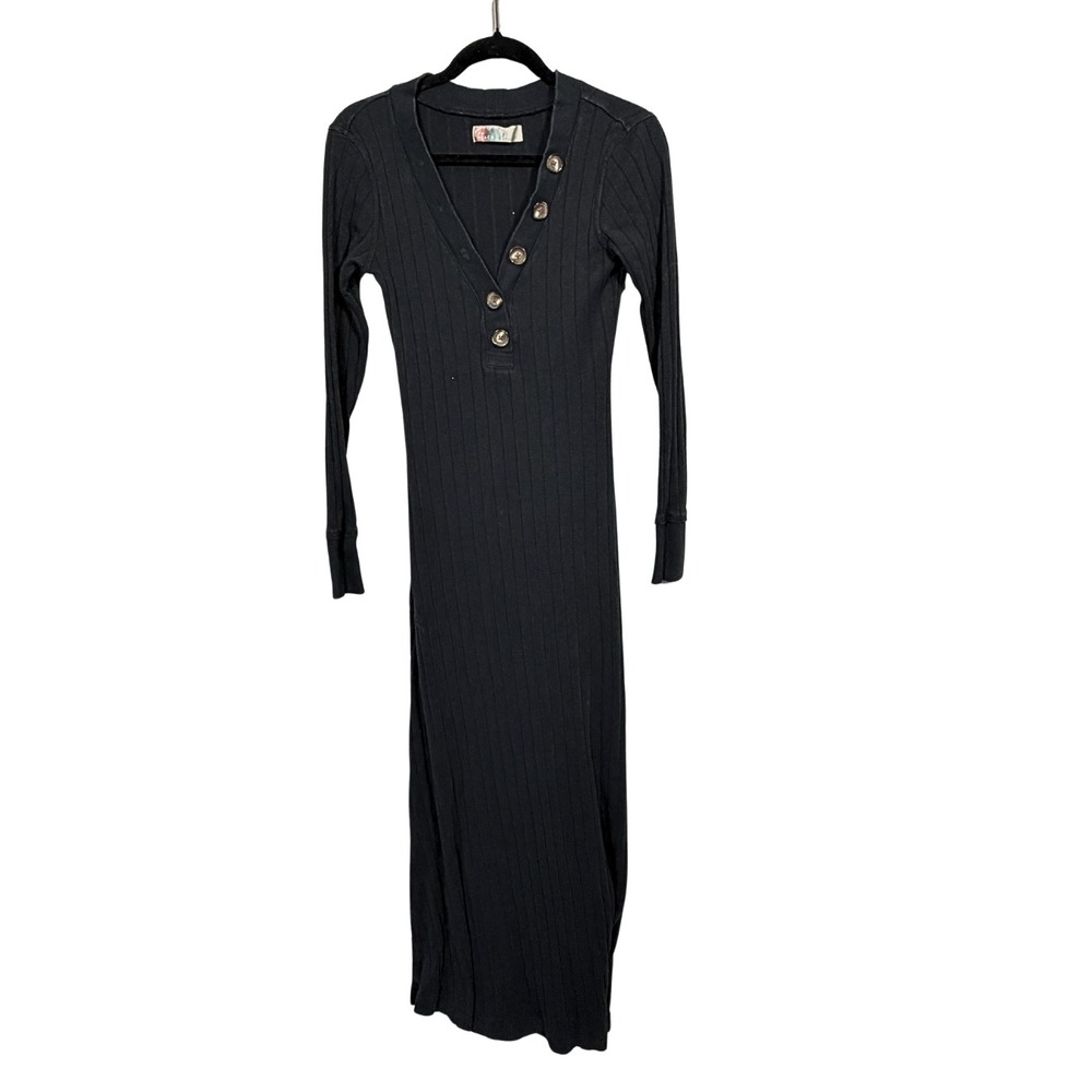 Free People FP Beach Black Ribbed Henley Maxi Dress Long Sleeve Cotton Small